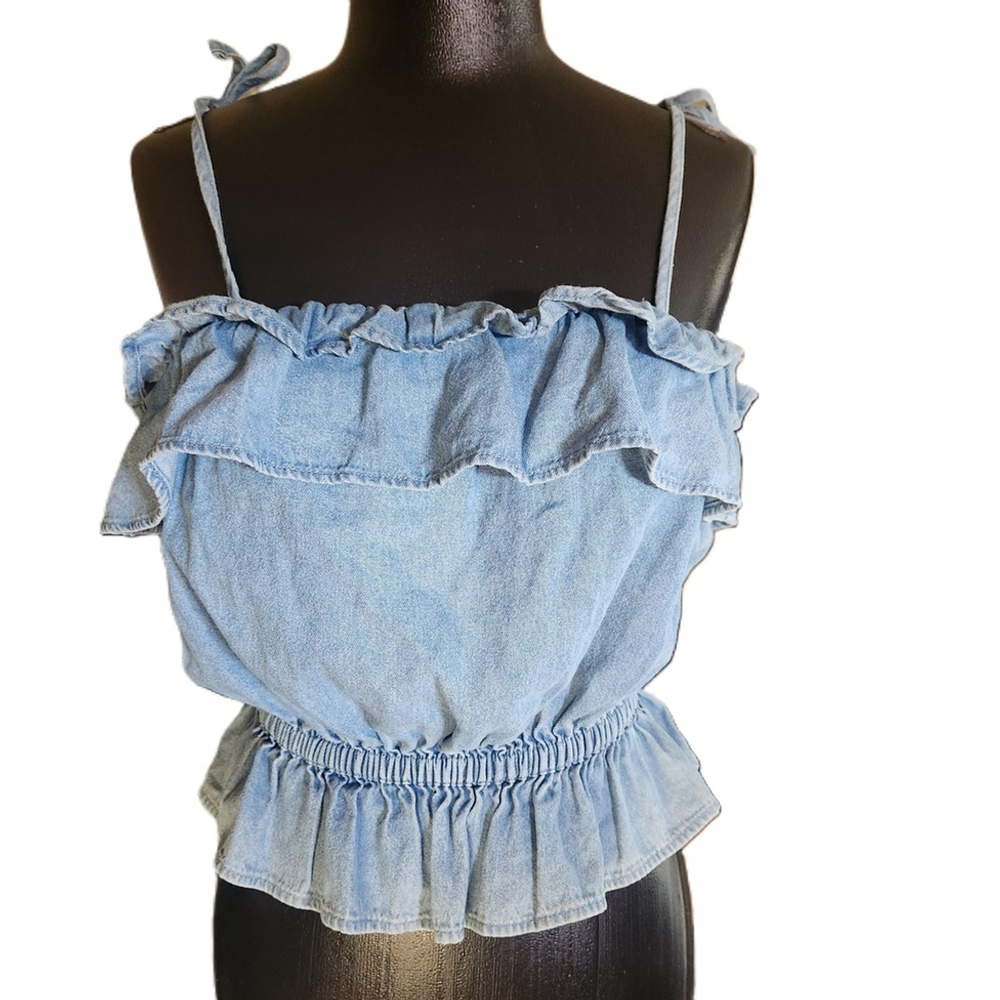 American Eagle Womens Blue Ruffled Denim Sleeveless Crop Top Shirt Extra Small - Picture 3 of 8